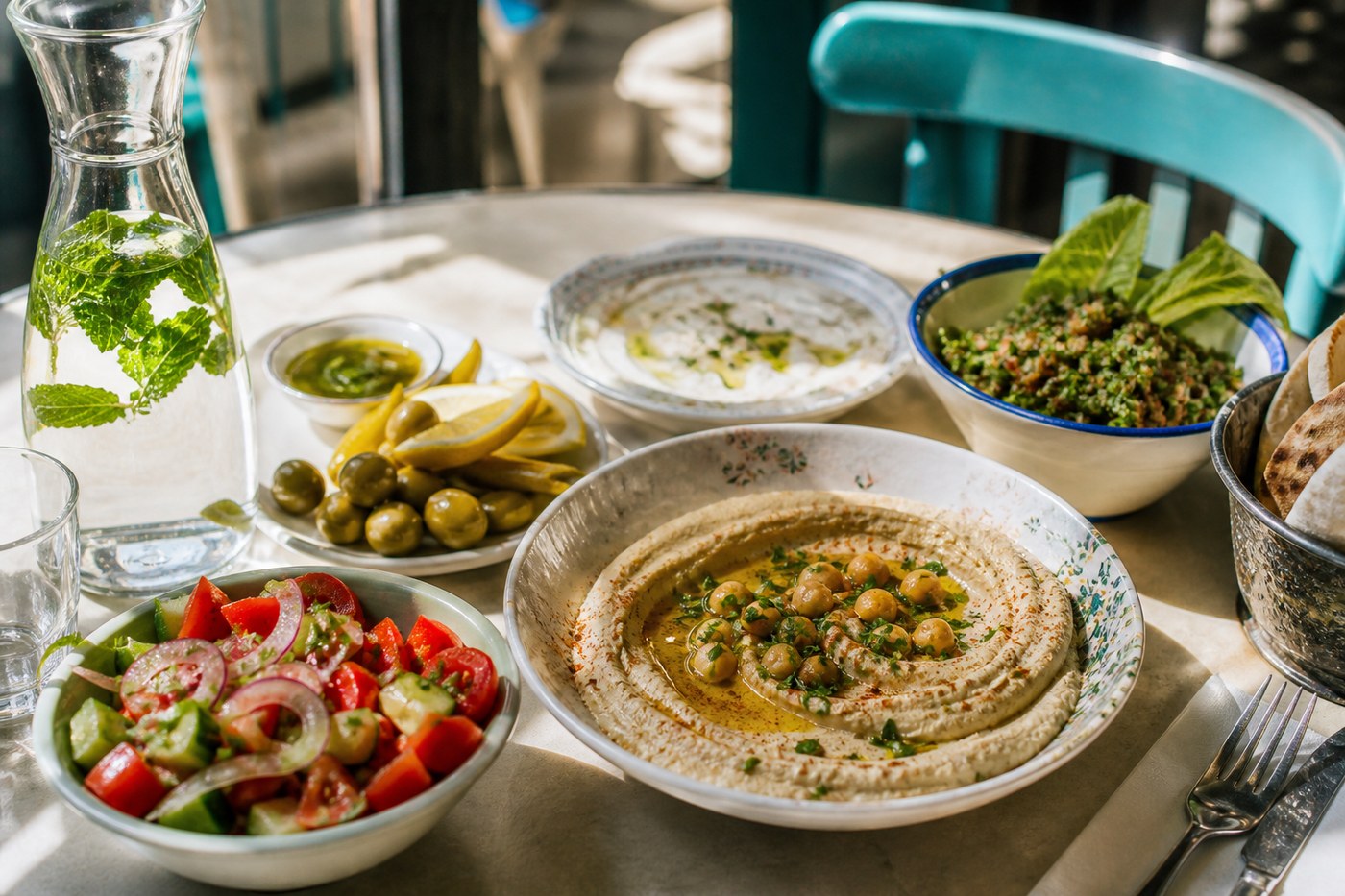 Mediterranean lunch spread at Sabra Street
