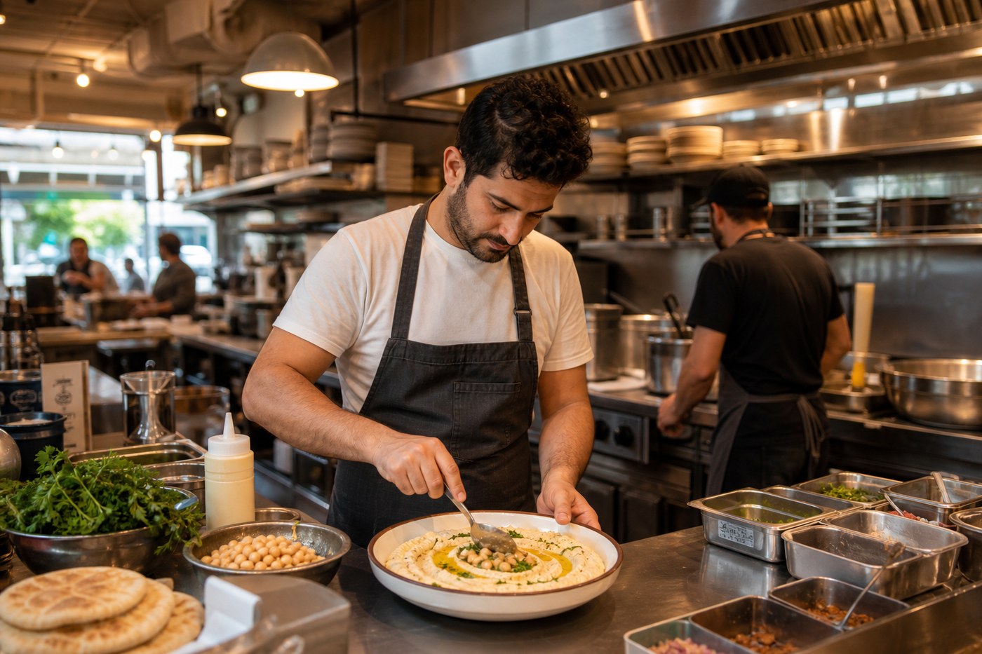 Chef preparing hummus in the open kitchen