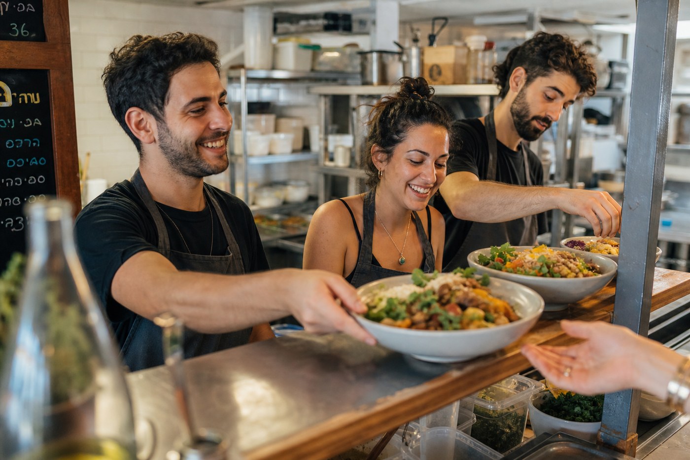 Team plating lunch bowls at the pass