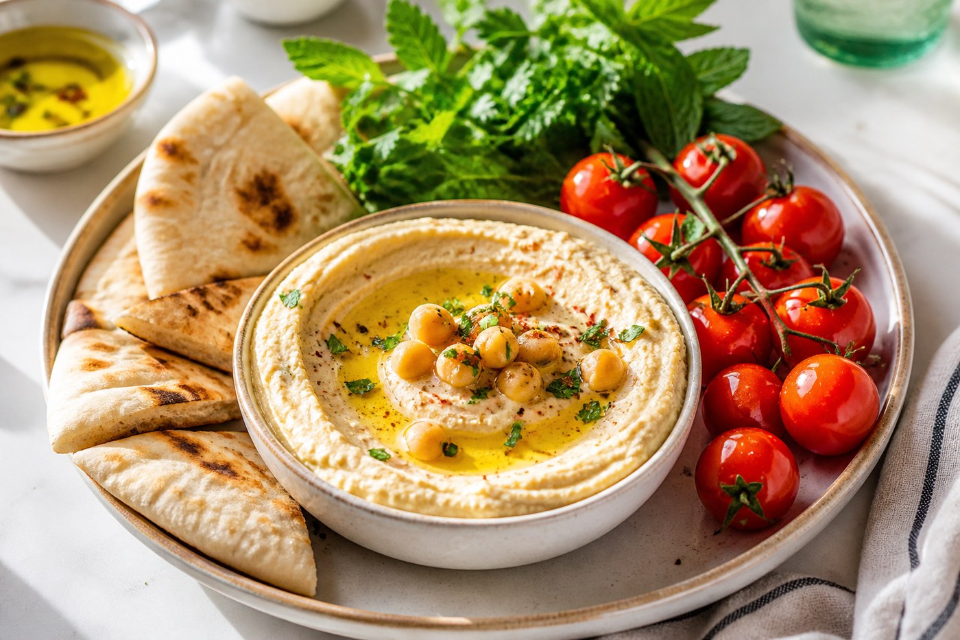 Classic hummus bowl with pita and toppings